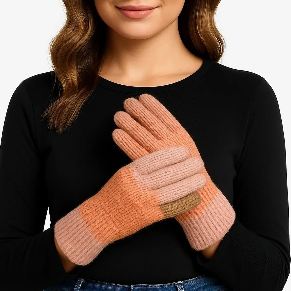 NWT A New Day Womens Knit Gloves Colorblock Pink‎ Brown Touchscreen One Size